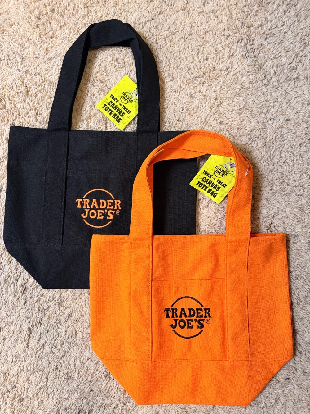 Pair of Trader Joe's Canvas Halloween Tote Bags - Black and Orange